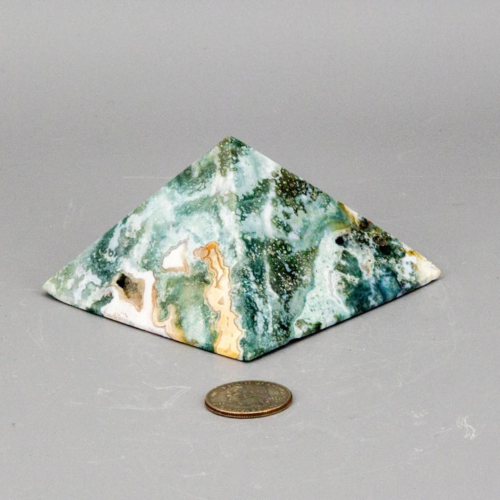 Polished Ocean Jasper Crystal Pyramid, 360g, with dense green, cream, and yellow orbicular patterning.