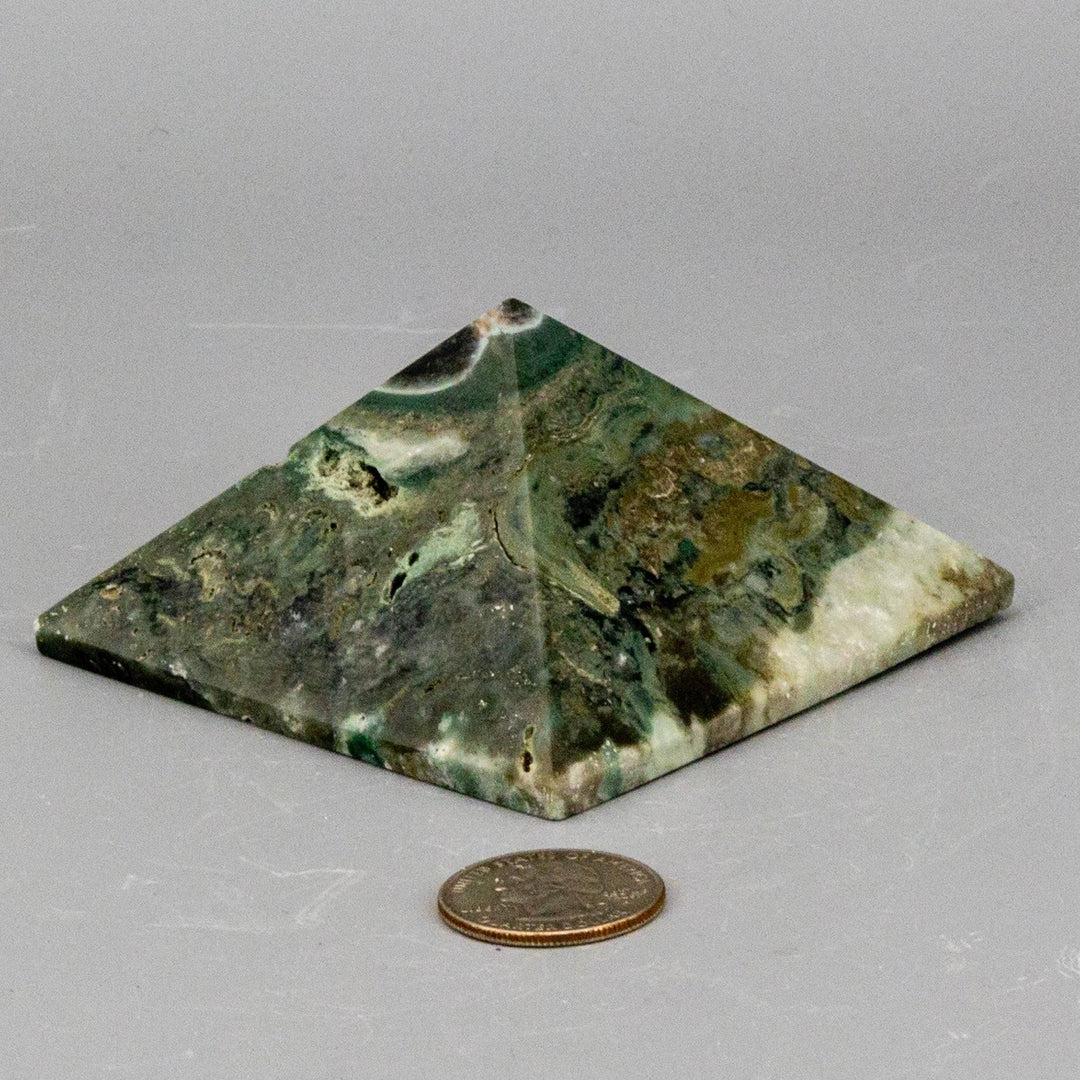 Ocean Jasper Crystal Pyramid with swirling green, cream, and earthy orbicular patterns, polished smooth for uplifting energy.