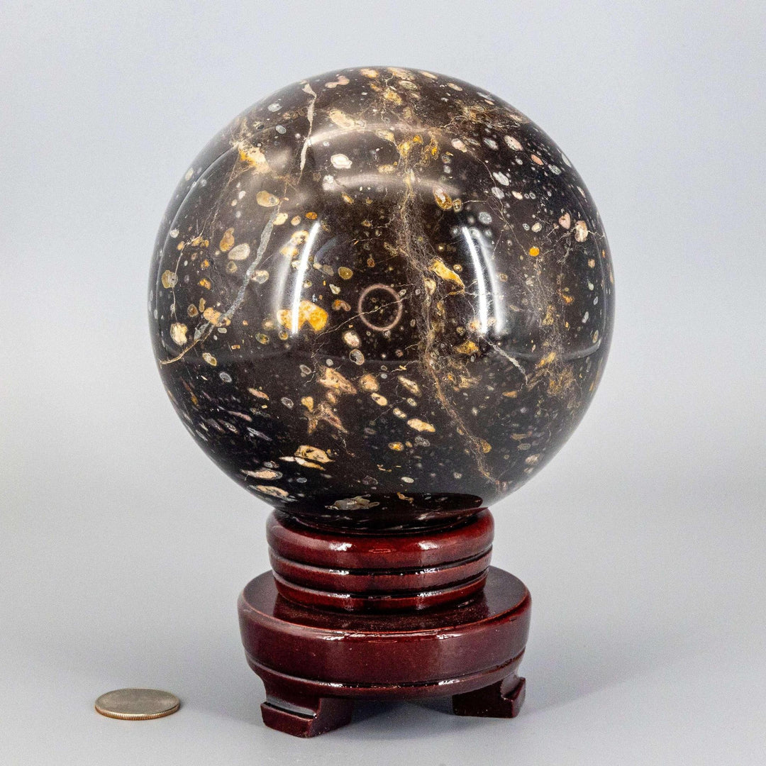 Ocean Jasper "XL" Sphere, 140mm, radiating warm, joyful energy. Dark orbicular jasper with green, cream, salmon, brown patterns on a stand.