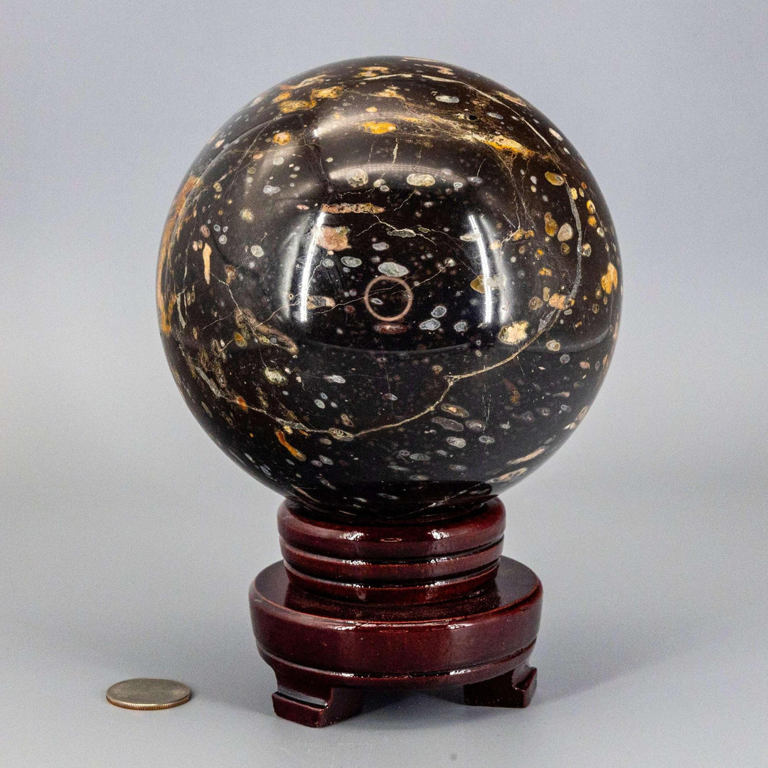 Commanding Ocean Jasper "XL" Sphere, 140mm, radiating warm, joyful energy with unique orbicular patterns on a stand.