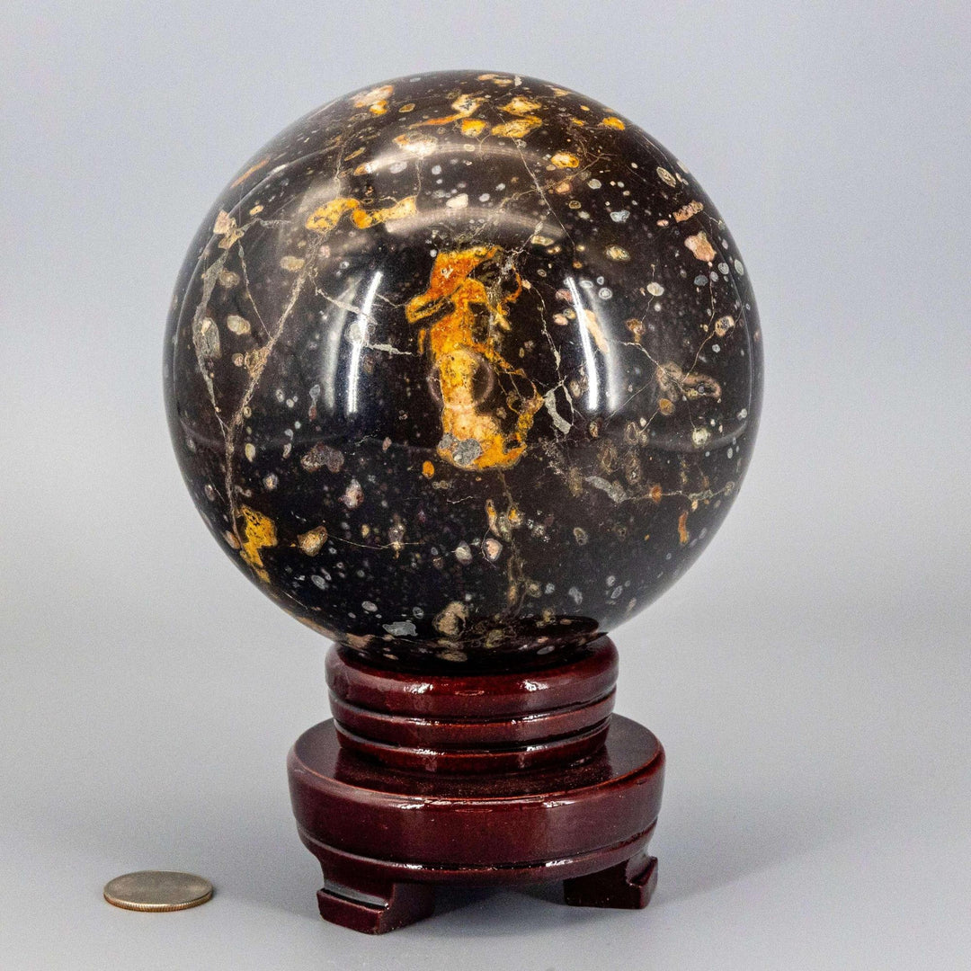 Ocean Jasper "XL" Sphere, 140mm, radiating warm, joyful energy. Black, green, cream, salmon, brown orbicular patterns.