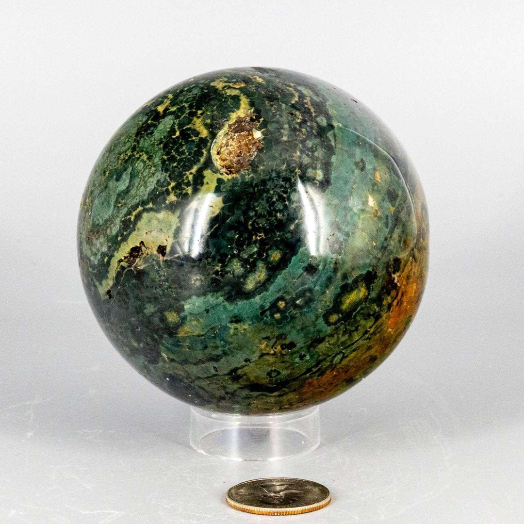 Commanding 85mm Ocean Jasper Sphere with swirling green, yellow, and brown orb patterns, a true room anchor.