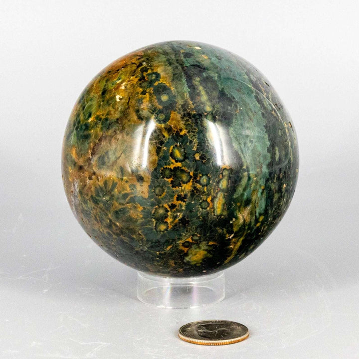 Commanding 85mm Ocean Jasper Sphere with swirling green, yellow, and brown orb patterns, a true room anchor.