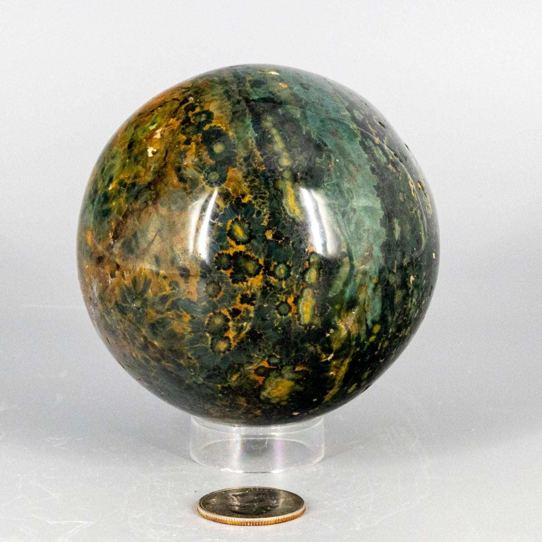 Commanding 85mm Ocean Jasper Sphere with swirling green, yellow, and brown orb patterns, a true room anchor.