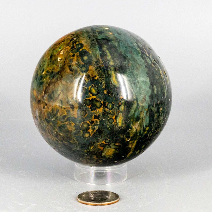 Commanding 85mm Ocean Jasper Sphere with swirling green, yellow, and brown orb patterns, a true room anchor.