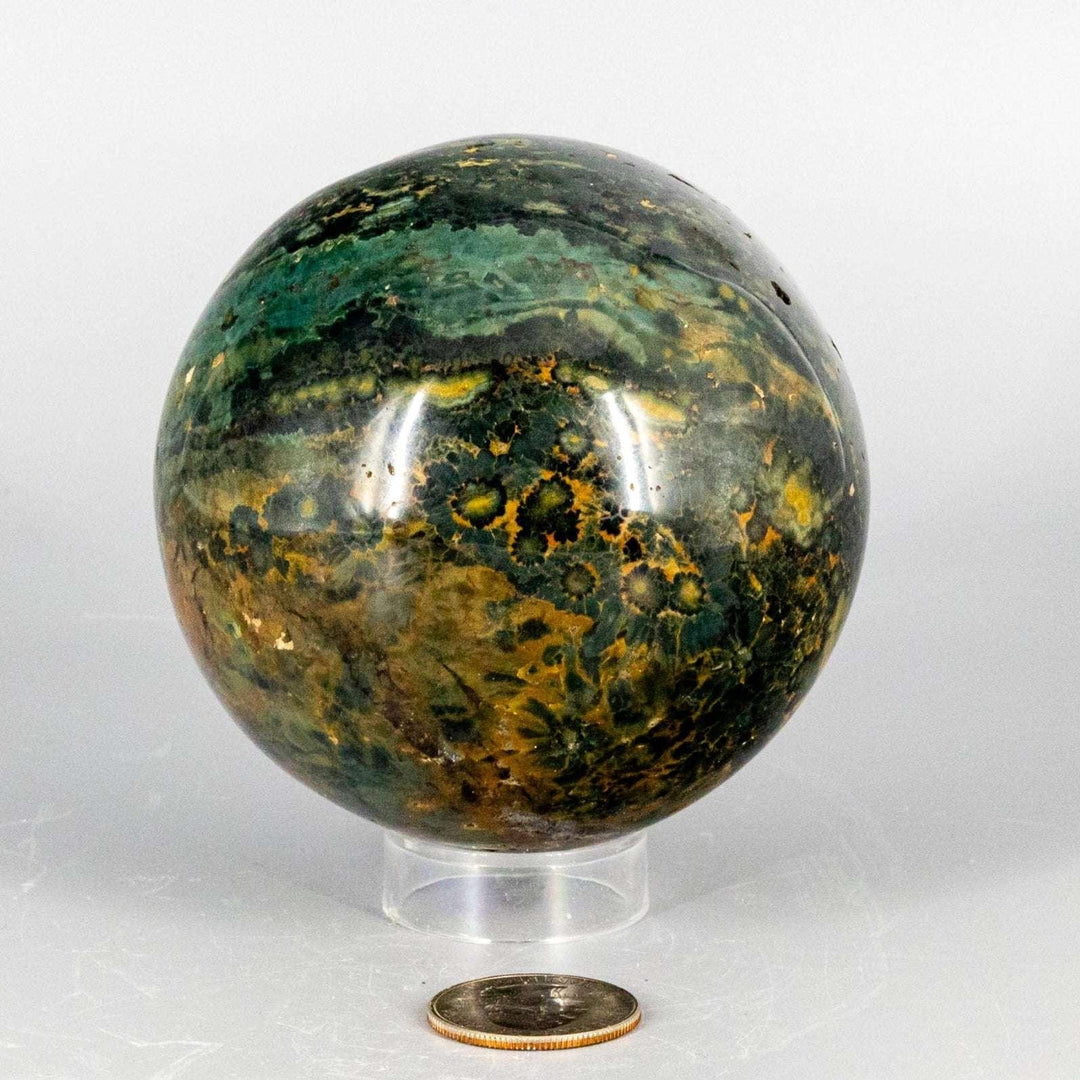 Commanding 85mm Ocean Jasper Sphere with swirling green, yellow, and brown orb patterns, a true room anchor.
