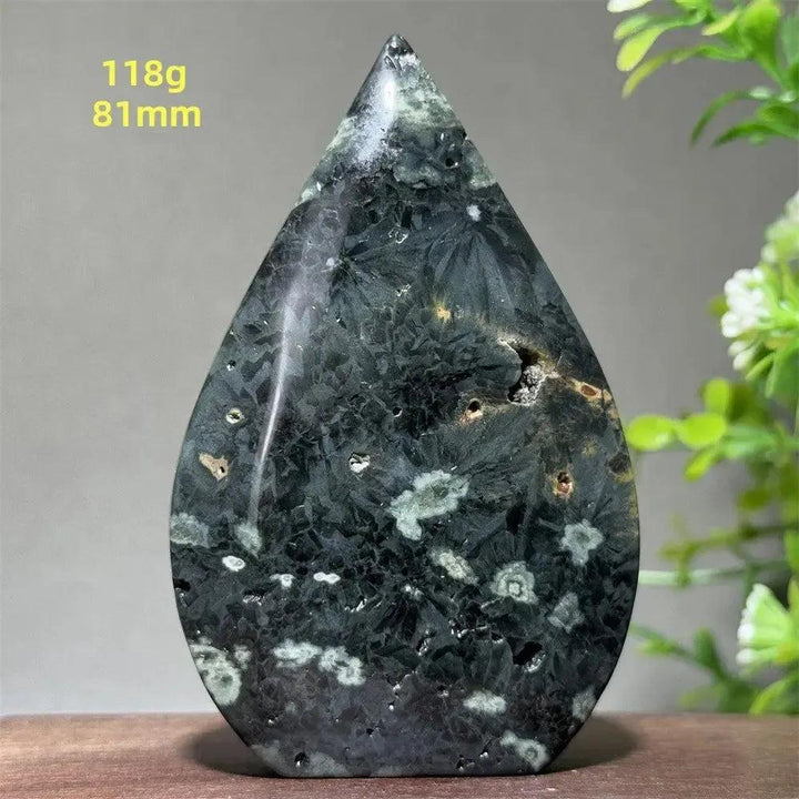 Crystal Destiny Ocean Jasper torch freeform, dark green with white orbicular patterns and druzy pockets.