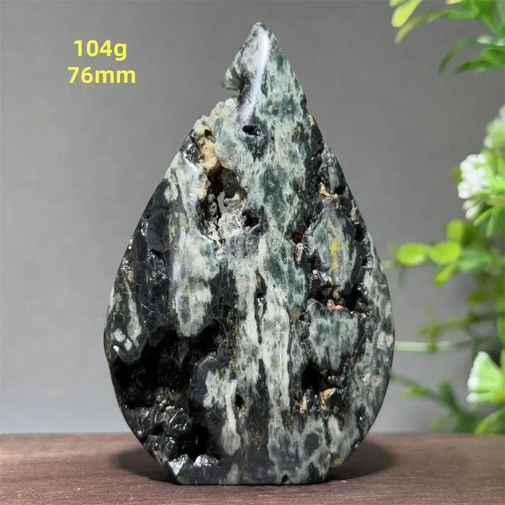 Crystal Destiny's Ocean Jasper freeform, 104g, 76mm, with dark green, cream, and brown orbicular patterns and druzy pockets.