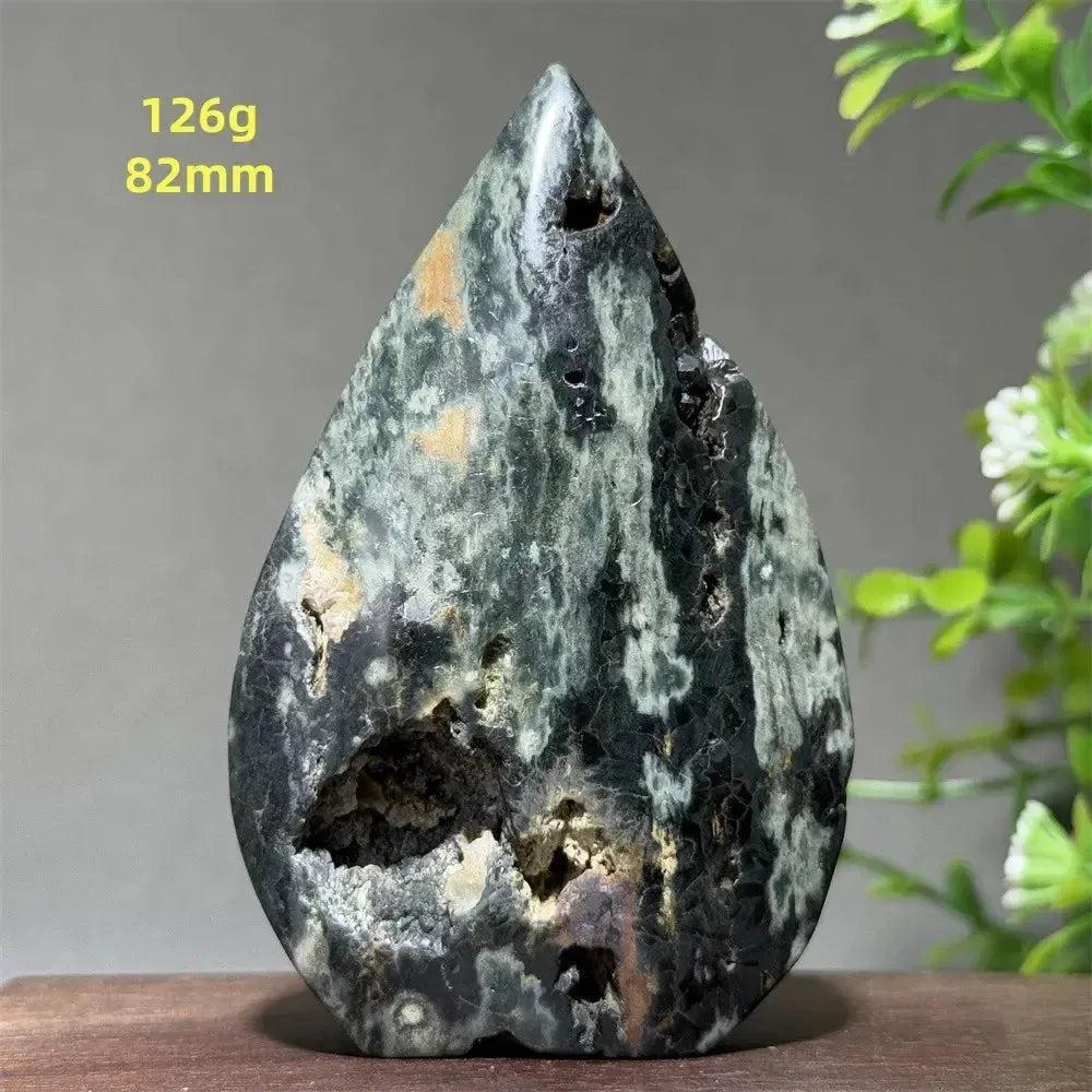 Ocean Jasper Crystal Destiny torch freeform, 126g, 82mm, with green, cream, rust, and brown orbicular patterns and druzy pockets.