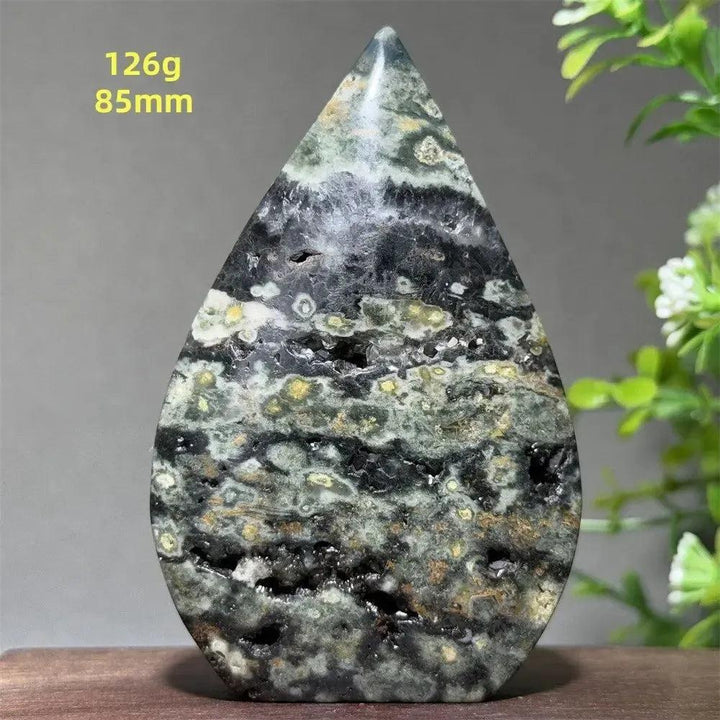 Ocean Jasper Crystal Destiny teardrop freeform, 85mm, 126g, with green, cream, rust, and brown orbicular patterns.