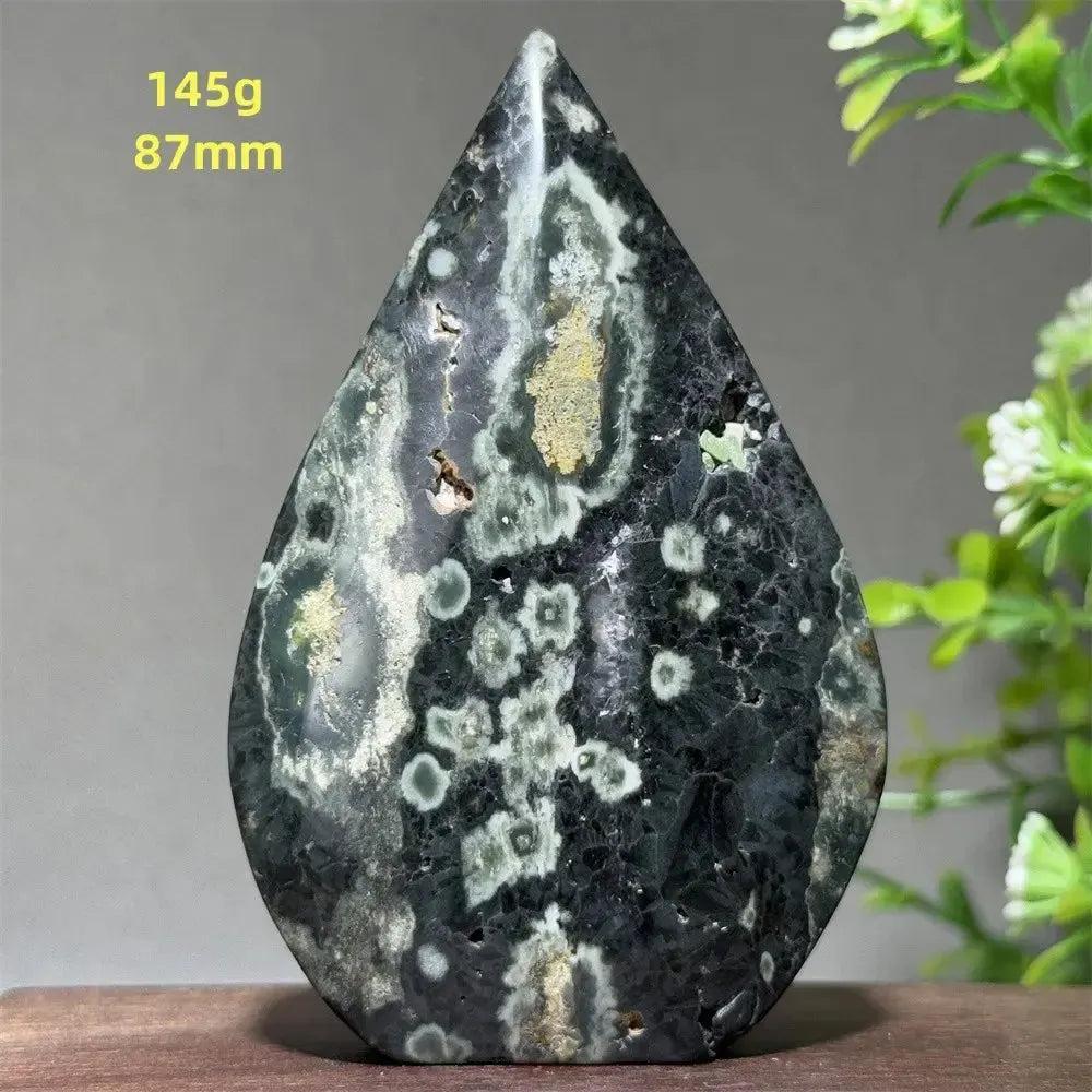 Crystal Destiny Ocean Jasper freeform, 145g, 87mm, with green, cream, rust, and brown orbicular patterns.