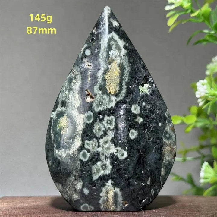 Crystal Destiny Ocean Jasper freeform, 145g, 87mm, with green, cream, rust, and brown orbicular patterns.