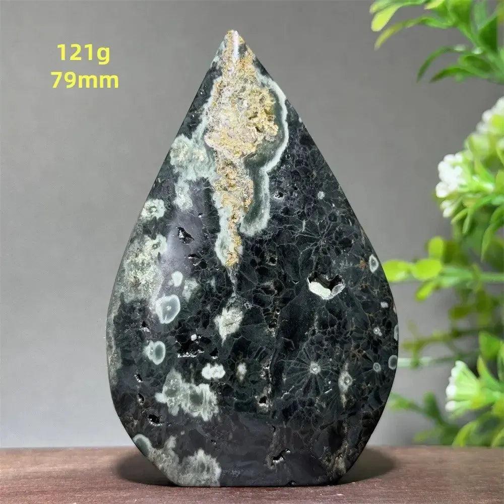 Ocean Jasper crystal torch freeform, dark green with white orbicular patterns and gold druzy, by Crystal Destiny.