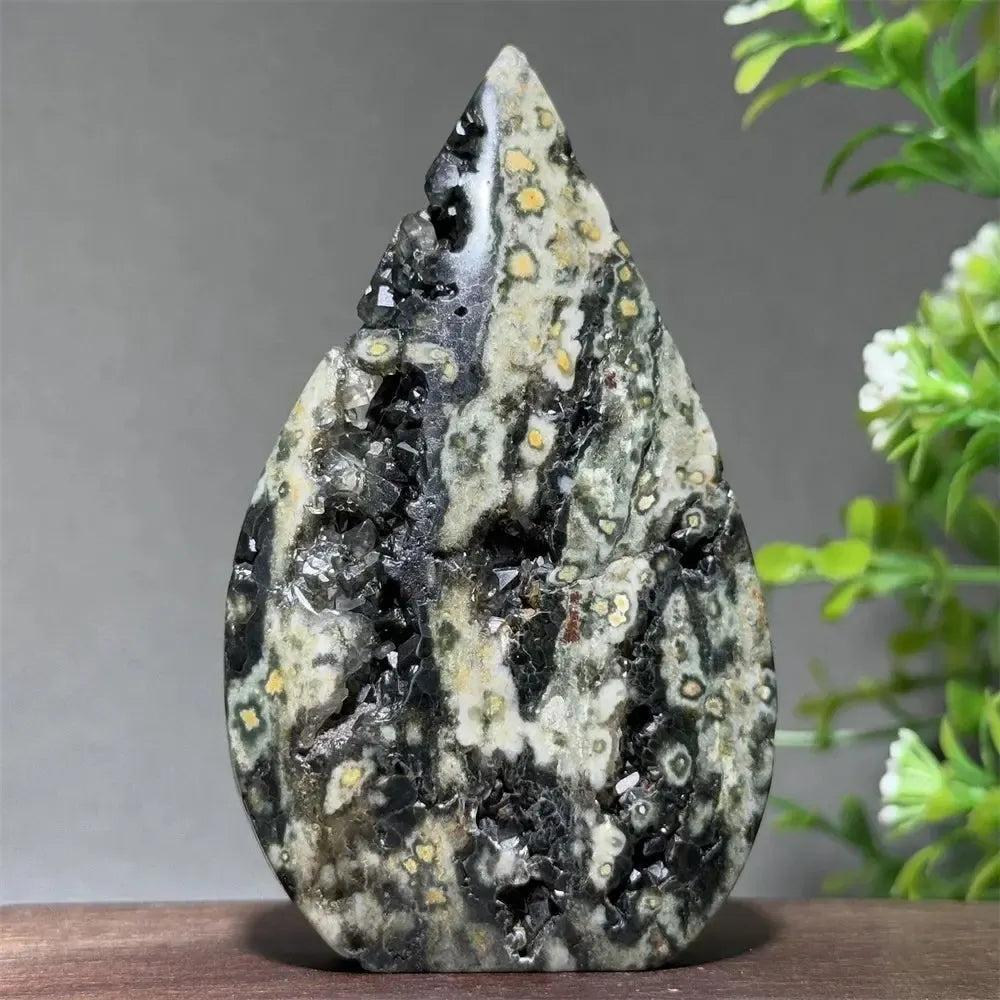 Ocean Jasper Crystal Torch Freeform Orbicular Stone, with green, cream, rust, and black patterns, sparkling druzy.
