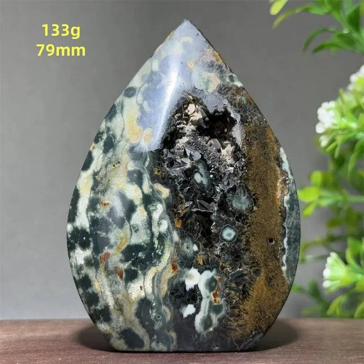 Ocean Jasper Crystal Torch Freeform Orbicular Stone, 133g, 79mm. Green, cream, rust, brown swirls with sparkling druzy.