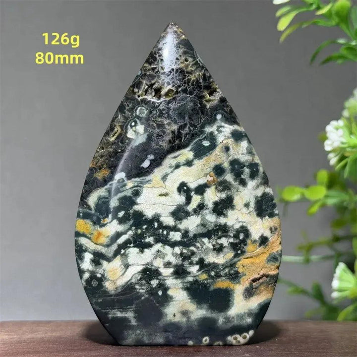 Ocean Jasper Crystal Torch Freeform, 126g, 80mm. Orbicular patterns in green, cream, rust, brown, yellow, and black.