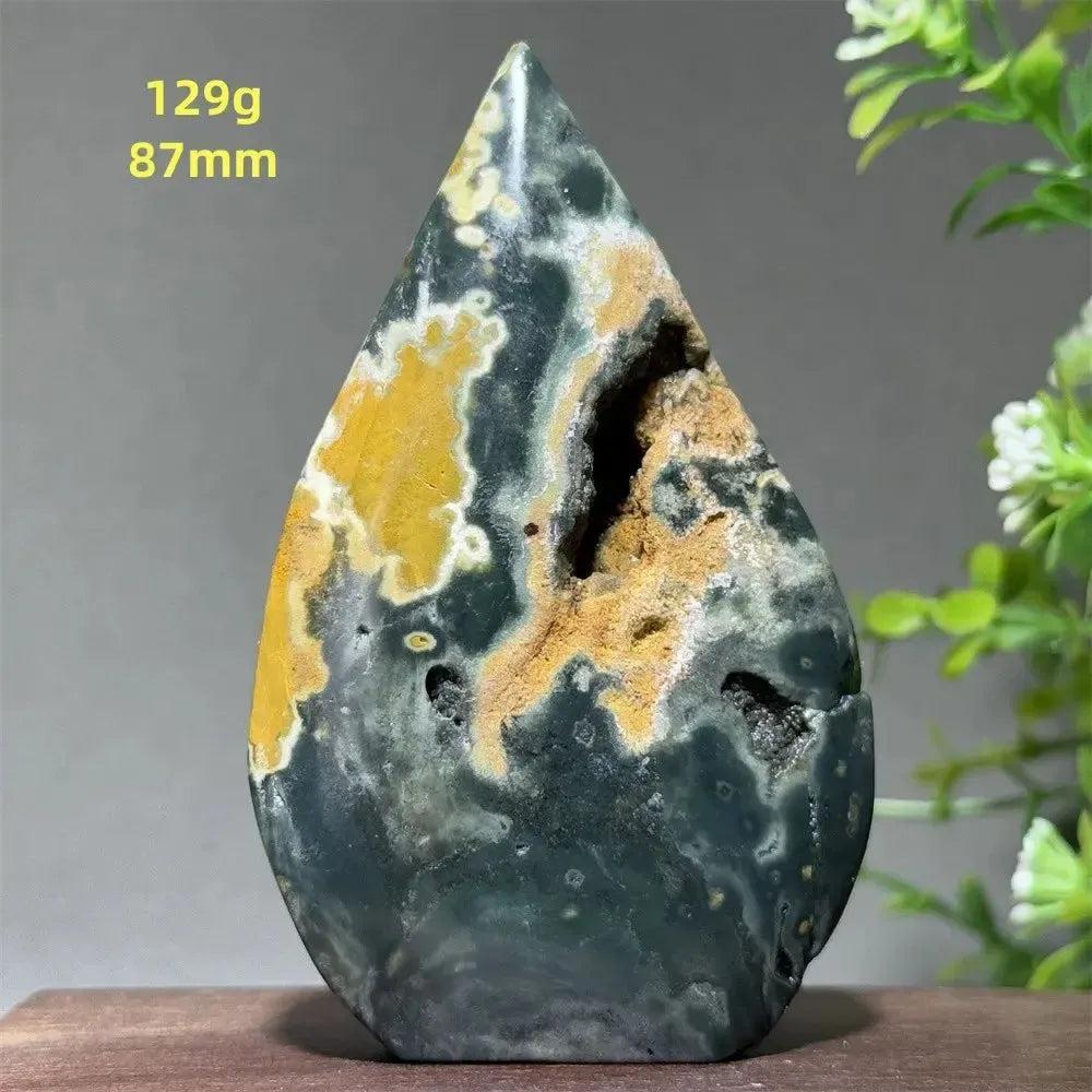 Ocean Jasper Crystal Torch Freeform, 129g, 87mm. Orbicular green, cream, rust, yellow stone with druzy pockets.