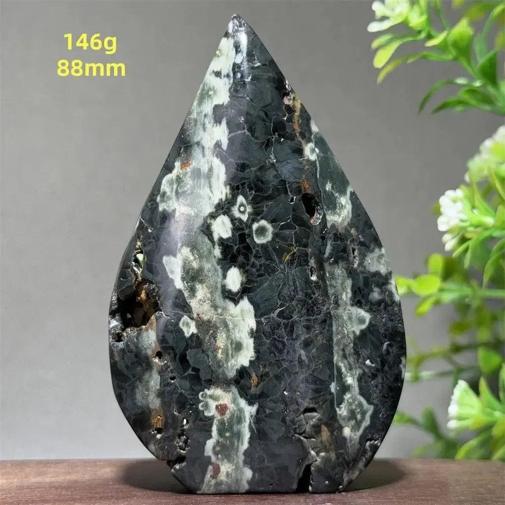 Ocean Jasper Crystal Torch Freeform Orbicular Stone, 146g, 88mm. Dark green, cream, and rust patterns with druzy pockets.
