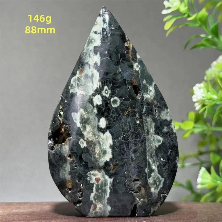 Ocean Jasper Crystal Torch Freeform Orbicular Stone, 146g, 88mm. Dark green, cream, and rust patterns with druzy pockets.