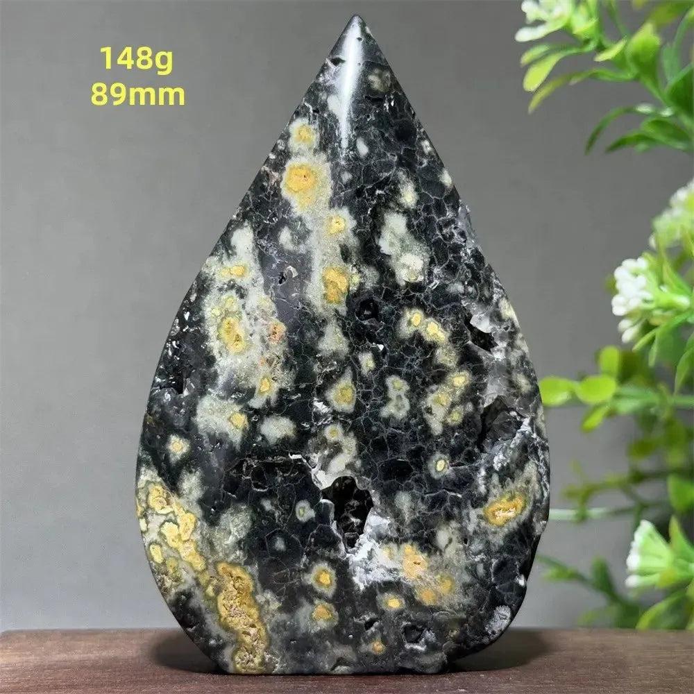 Ocean Jasper Crystal Torch Freeform Orbicular Stone, 148g, 89mm. Black, yellow, and white orbicular patterns with druzy.