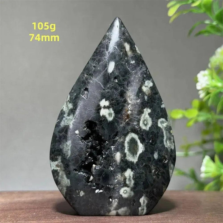 Ocean Jasper Crystal Torch Freeform Orbicular Stone, 105g, 74mm. Dark green, cream, and white orbicular patterns with druzy pockets.