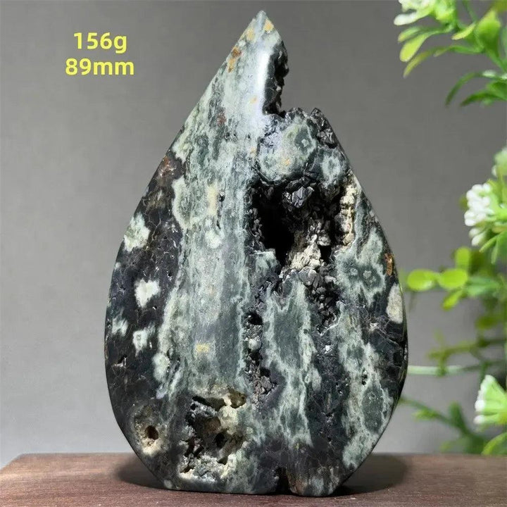 Ocean Jasper Crystal Torch Freeform Orbicular Stone, 156g, 89mm. Green, cream, rust, and black patterns with sparkling druzy.