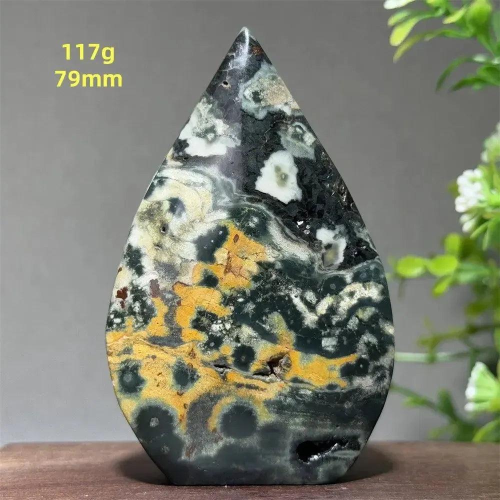 Ocean Jasper Crystal Torch Freeform Orbicular Stone, 117g, 79mm. Green, cream, rust, and yellow swirls with druzy pockets.
