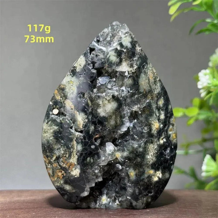 Ocean Jasper Crystal Torch Freeform Orbicular Stone, 117g, 73mm. Green, cream, rust, and black orbicular patterns with sparkling druzy.