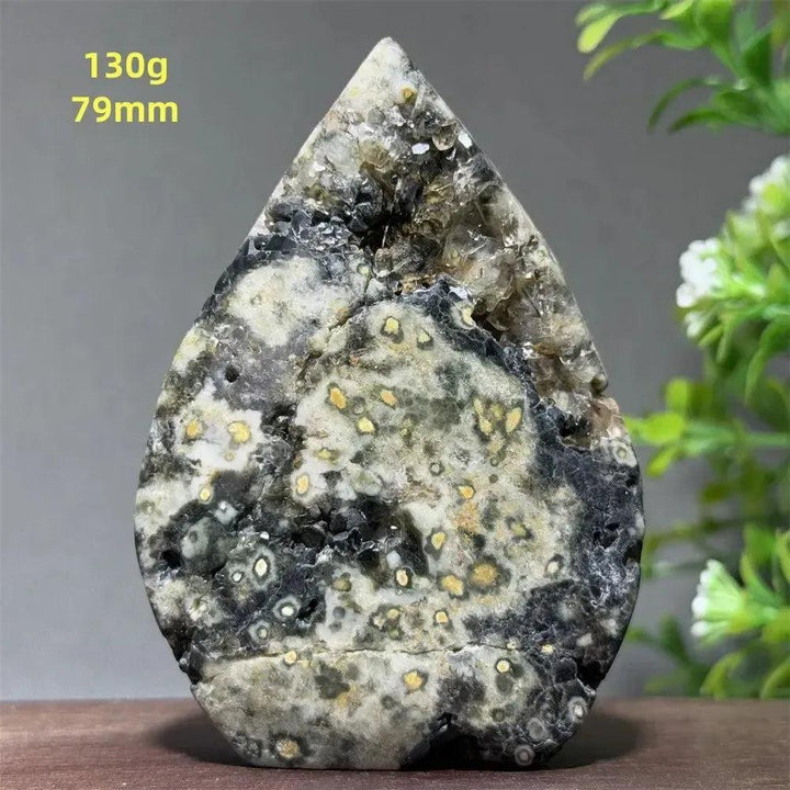Ocean Jasper Crystal Torch Freeform Orbicular Stone, 130g, 79mm, with green, cream, rust, and yellow patterns.