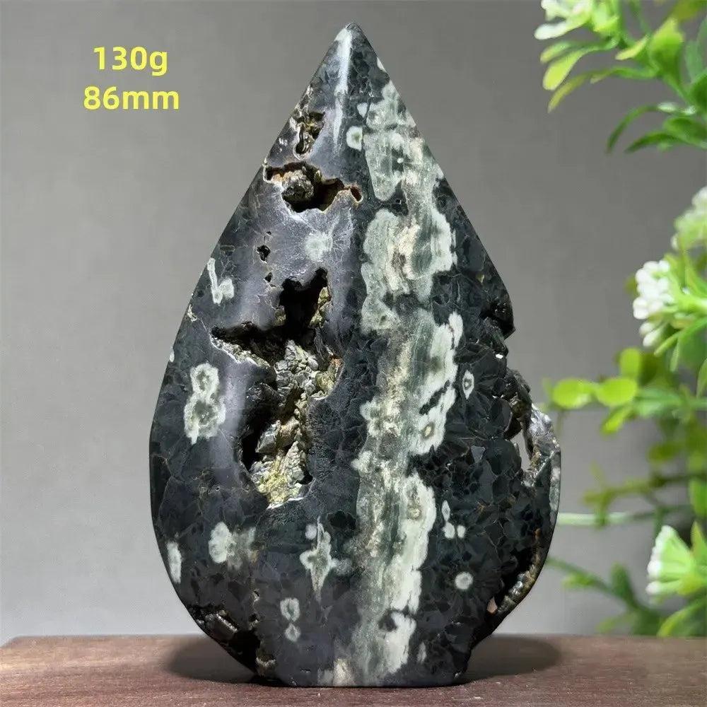 Ocean Jasper Crystal Torch Freeform Orbicular Stone, 130g, 86mm. Dark green, cream, and black orbicular patterns with druzy pockets.
