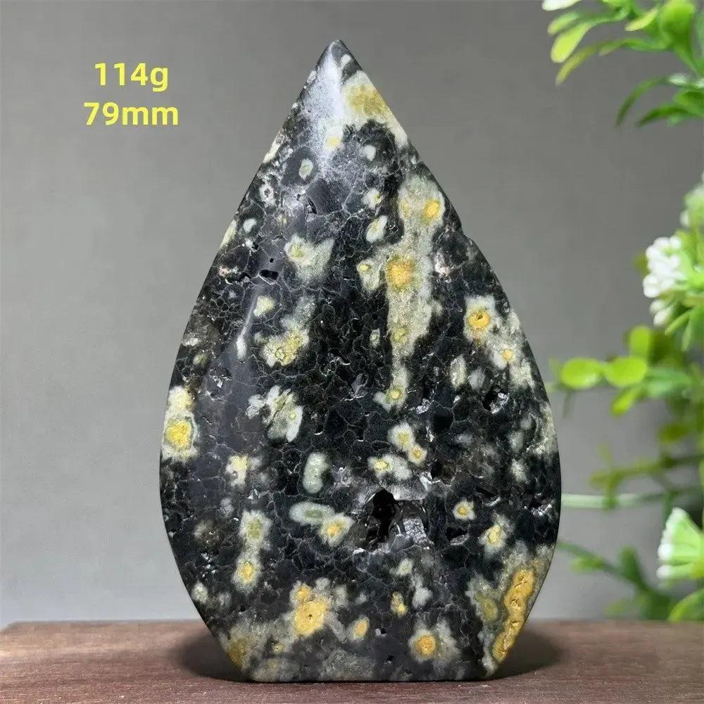 Ocean Jasper Crystal Torch Freeform Orbicular Stone, 114g, 79mm. Black, yellow, and white orbicular patterns.