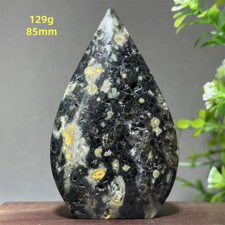 Ocean Jasper Crystal Torch Freeform Orbicular Stone, 129g, 85mm. Black, cream, and yellow orbicular patterns.
