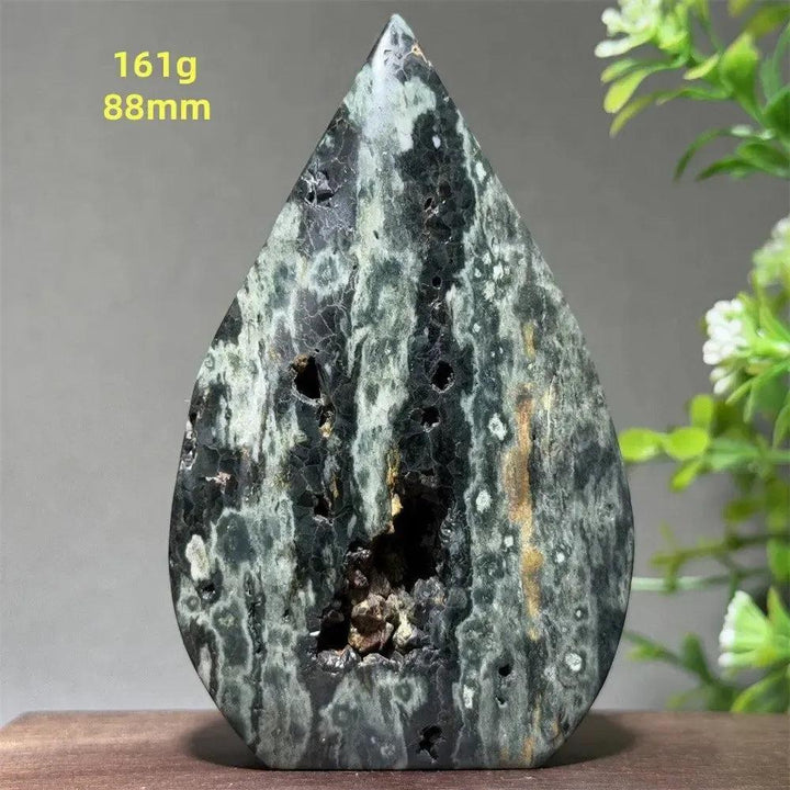 Ocean Jasper Crystal Torch Freeform Orbicular Stone, 161g, 88mm. Green, cream, rust, brown, and black orbicular patterns with sparkling druzy.