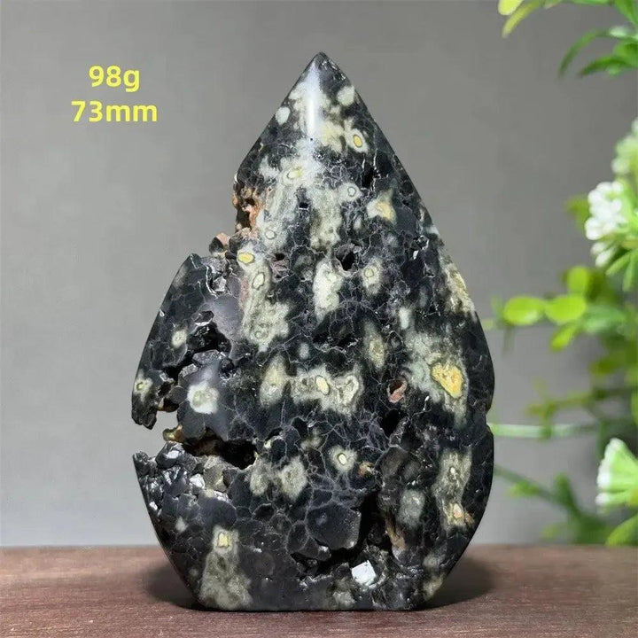 Ocean Jasper crystal torch freeform, 98g, 73mm. Orbicular patterns in black, cream, and yellow, with druzy pockets.