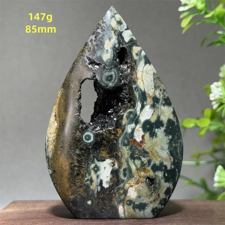 Ocean Jasper Crystal Torch Freeform, 147g, 85mm. Orbicular green, cream, rust, and brown stone with sparkling druzy.