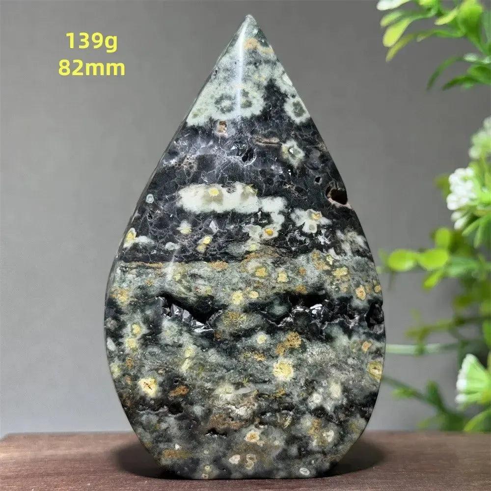 Ocean Jasper Crystal Torch Freeform Orbicular Stone, 139g, 82mm. Green, cream, rust, and black patterns with druzy.