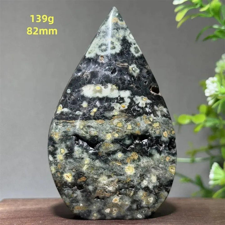 Ocean Jasper Crystal Torch Freeform Orbicular Stone, 139g, 82mm. Green, cream, rust, and black patterns with druzy.