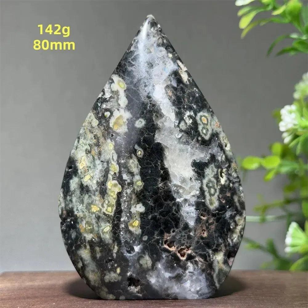 Ocean Jasper Crystal Torch Freeform Orbicular Stone, 142g, 80mm. Grounding warmth, green, cream, rust, black swirls, druzy.