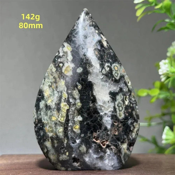 Ocean Jasper Crystal Torch Freeform Orbicular Stone, 142g, 80mm. Grounding warmth, green, cream, rust, black swirls, druzy.