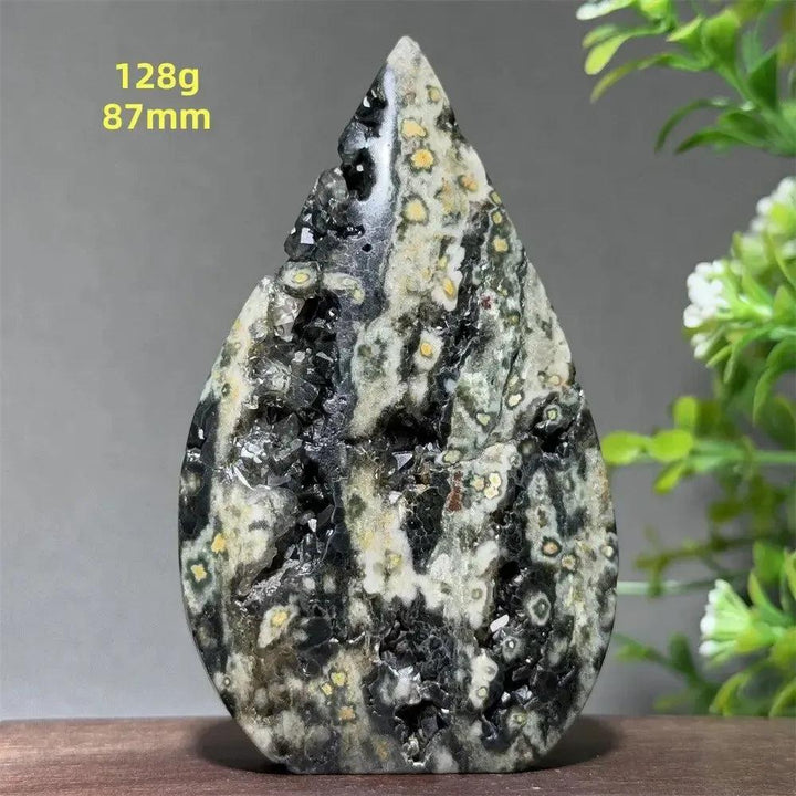 Ocean Jasper Crystal Torch Freeform Orbicular Stone, 128g, 87mm. Green, cream, rust, brown orbicular patterns, druzy pockets.