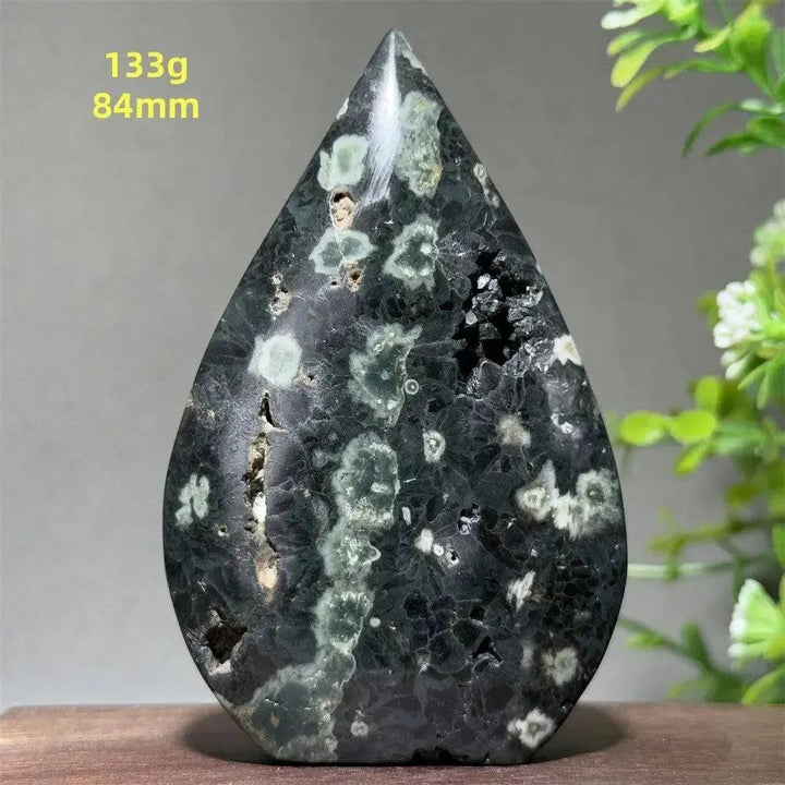 Ocean Jasper Crystal Torch Freeform, 133g, 84mm. Dark orbicular stone with green, cream, and sparkling druzy.