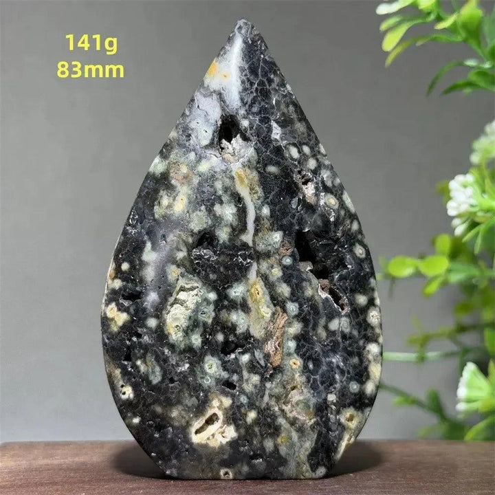 Ocean Jasper Crystal Torch Freeform Orbicular Stone, 141g, 83mm. Black, white, and green orbicular patterns with druzy.