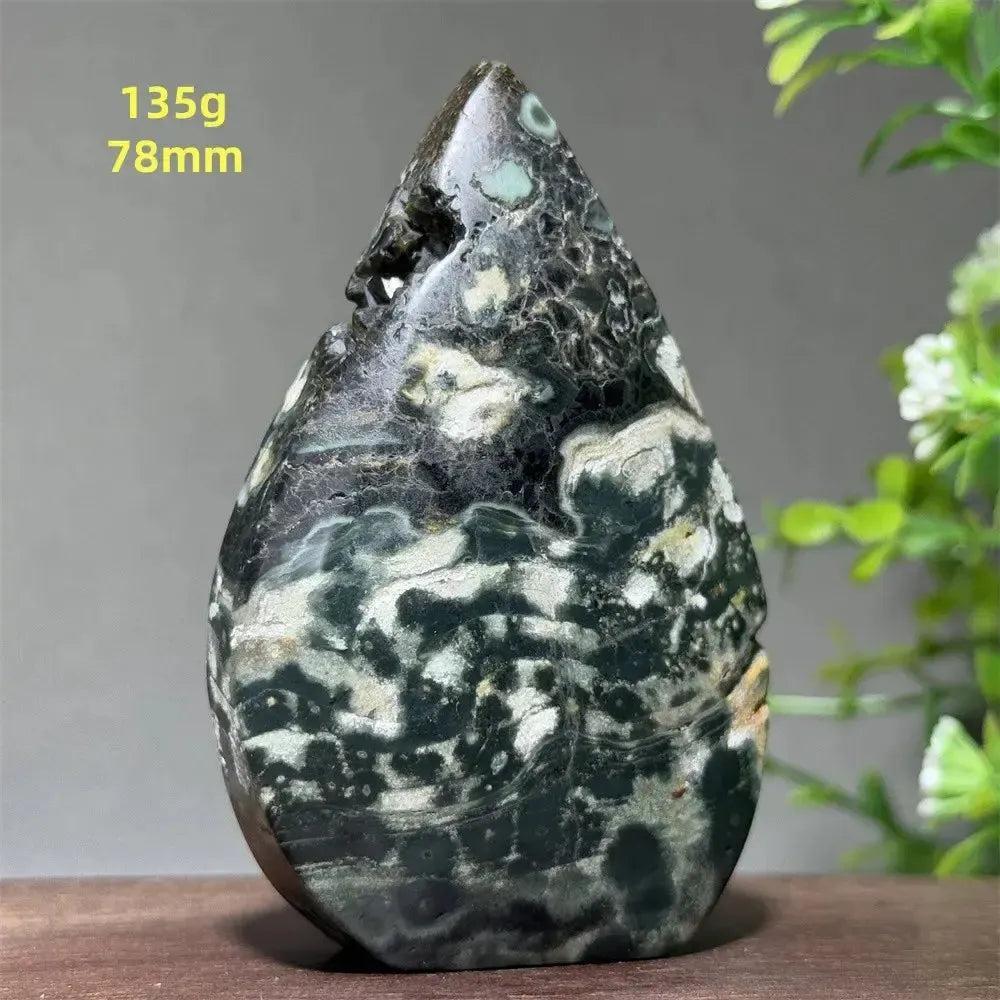 Ocean Jasper Crystal Torch Freeform Orbicular Stone, 135g, 78mm, with green, cream, and black patterns.