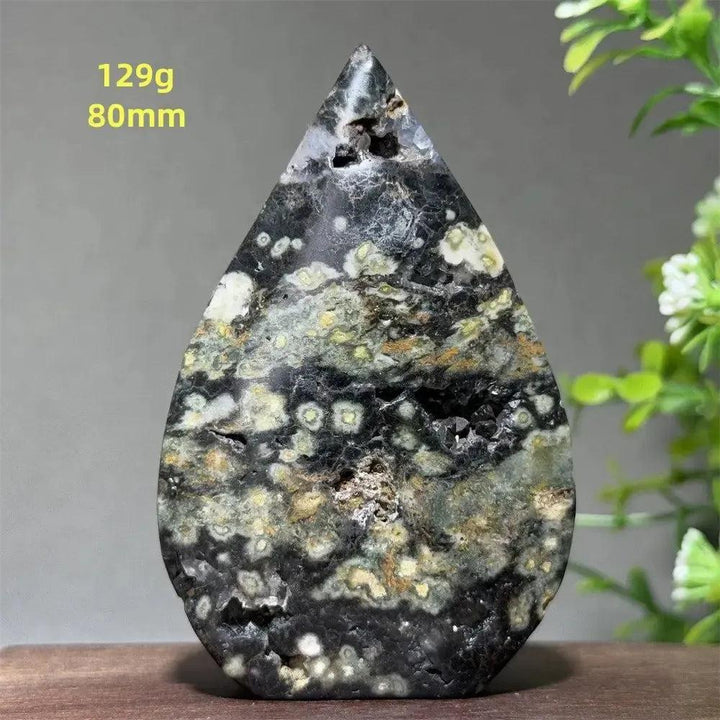 Ocean Jasper Crystal Torch Freeform Orbicular Stone, 129g, 80mm. Green, cream, rust, and black swirls with druzy.