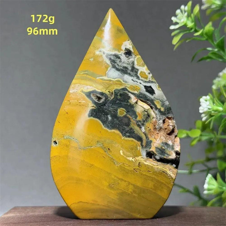 Ocean Jasper Crystal Torch Freeform Orbicular Stone, 172g, 96mm. Yellow, black, white, and brown swirls with druzy.