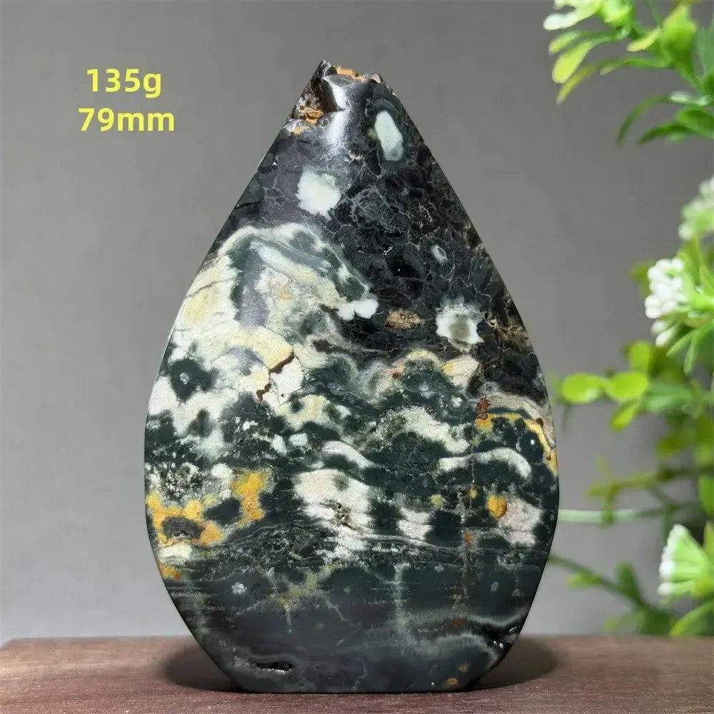 Ocean Jasper Crystal Torch Freeform Orbicular Stone, 135g, 79mm, with green, cream, rust, and yellow swirls.