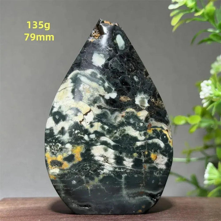 Ocean Jasper Crystal Torch Freeform Orbicular Stone, 135g, 79mm, with green, cream, rust, and yellow swirls.