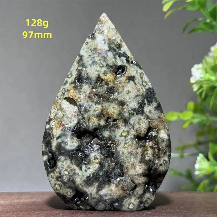 Ocean Jasper Crystal Torch Freeform Orbicular Stone, 128g, 97mm. Green, cream, rust, brown swirls with druzy.