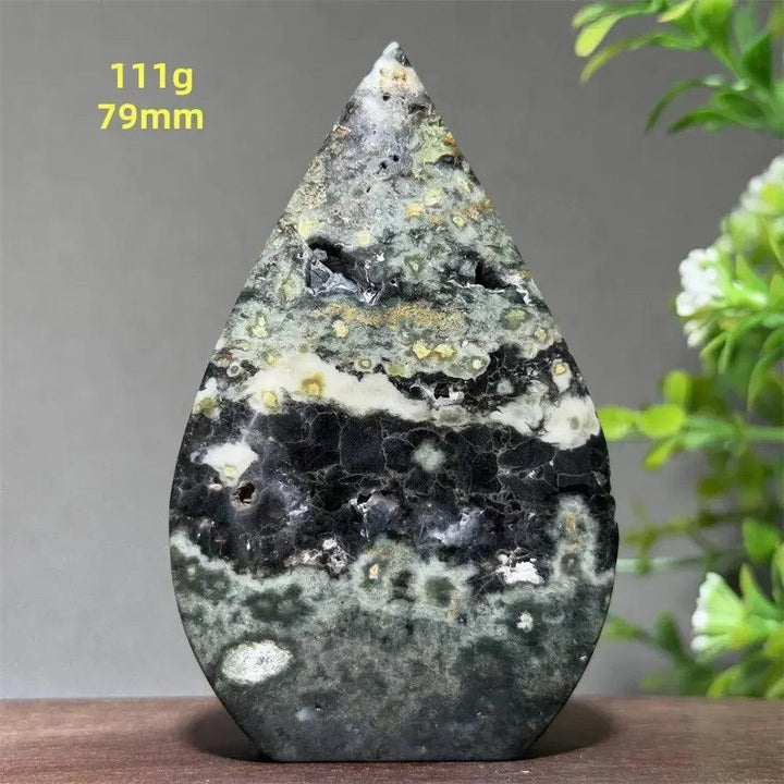 Ocean Jasper Crystal Torch Freeform Orbicular Stone, 111g, 79mm. Green, cream, black, and rust patterns with druzy.