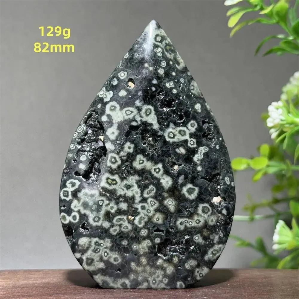 Ocean Jasper Crystal Torch Freeform Orbicular Stone, 129g, 82mm. Green, cream, and black orbicular patterns with sparkling druzy.